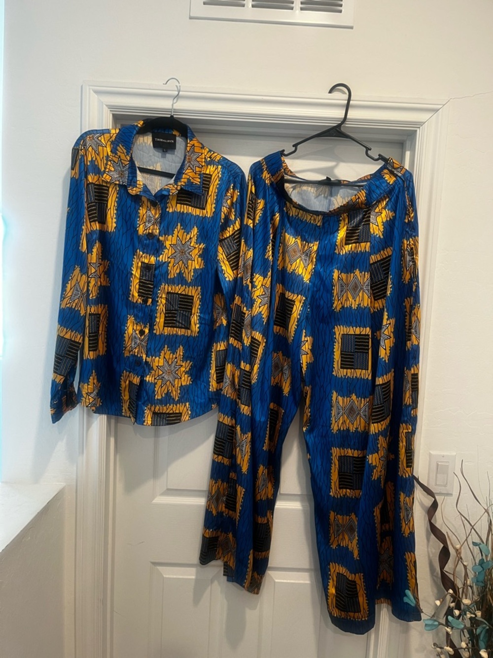 Tribal Blue & Gold Geometric Wide-Leg Jumpsuit - Picture 3 of 7